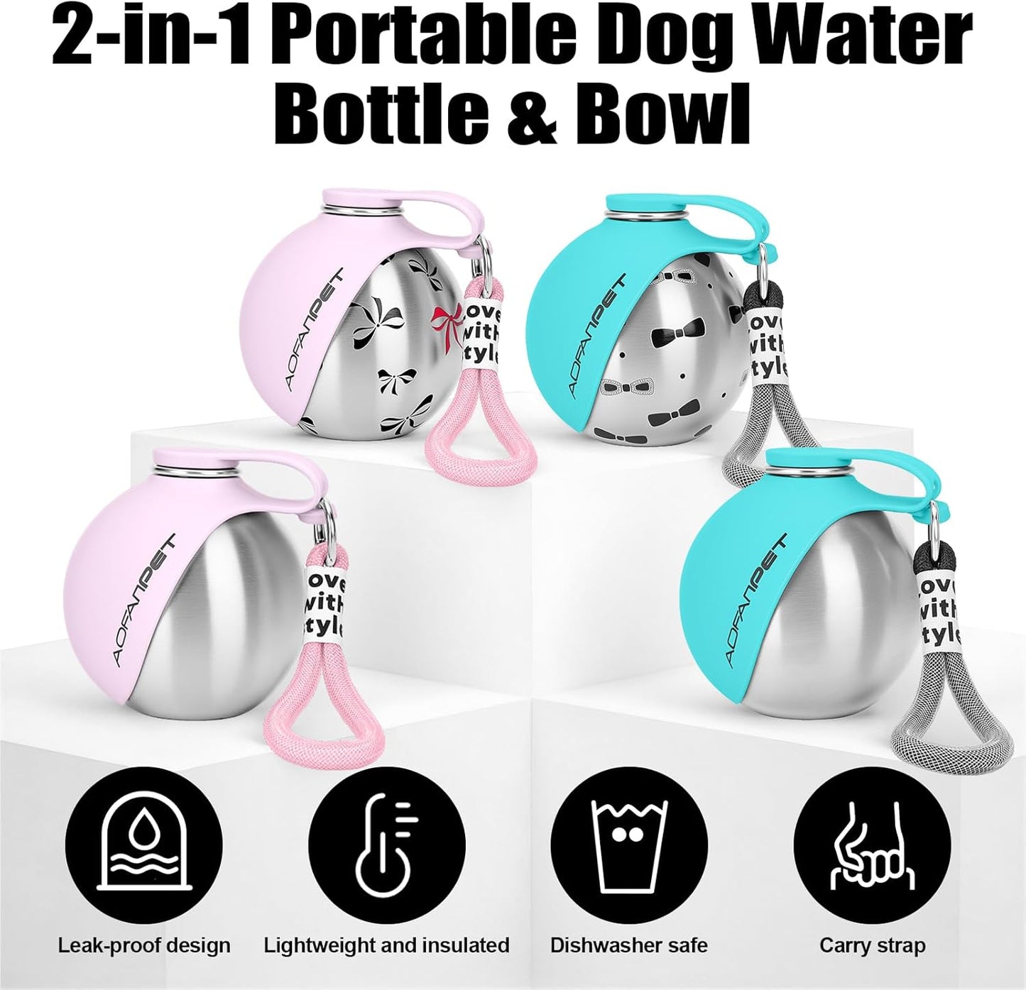 Stainless Steel Portable Dog Water Bottle with Bowl - 10oz No-Spill Travel Dispenser for Small Dogs - Ideal for Walking and Hiking