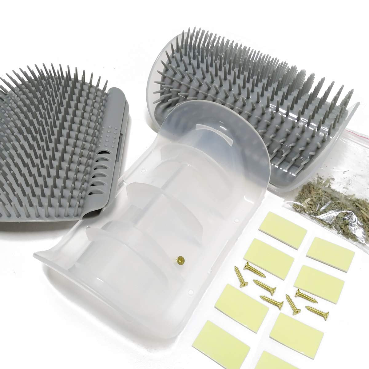 Softer Self-Grooming Tool Set with Catnip Wall Corner Massage Comb and Scratcher for Long and Short Fur Cats and Dogs (Gray) - 2 Pack