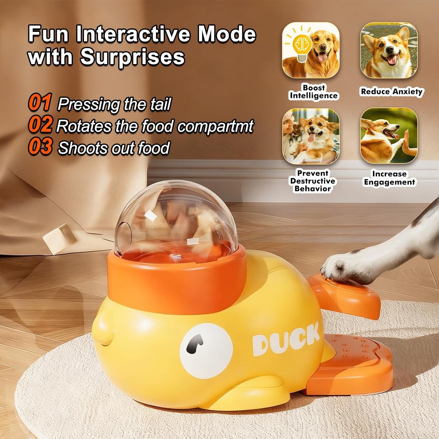 Interactive Duck-Shaped Dog Treat Dispenser and Slow Feeder Bowl - Puzzle Toy for Mental Stimulation with Adjustable Food Outlet for Small to Medium Cats and Dogs