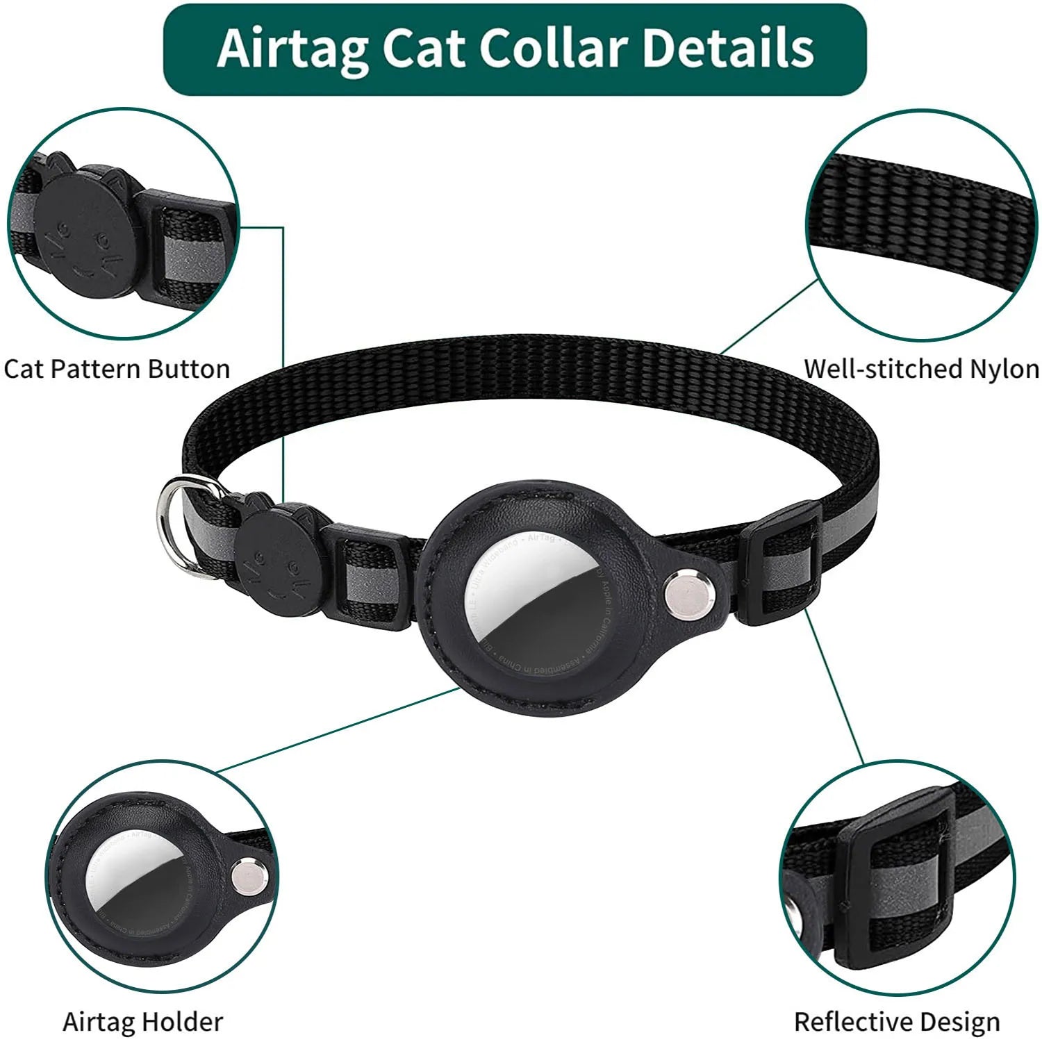 Adjustable Waterproof Cat Collar with Airtag Holder, Breakaway Design, Reflective Strips, and Bell