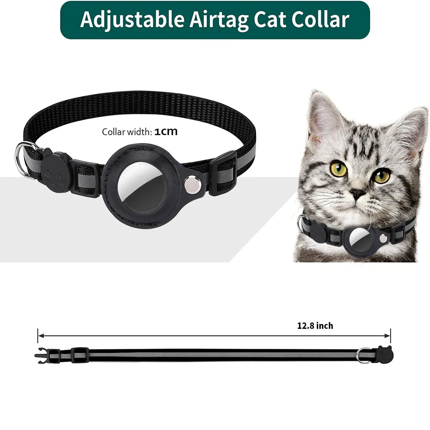 Adjustable Waterproof Cat Collar with Airtag Holder, Breakaway Design, Reflective Strips, and Bell