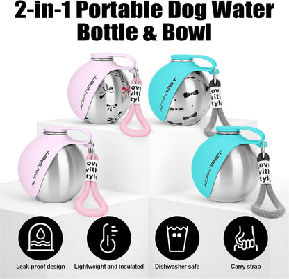 Stainless Steel Portable Dog Water Bottle with Bowl - 10oz No-Spill Travel Dispenser for Small Dogs - Ideal for Walking and Hiking