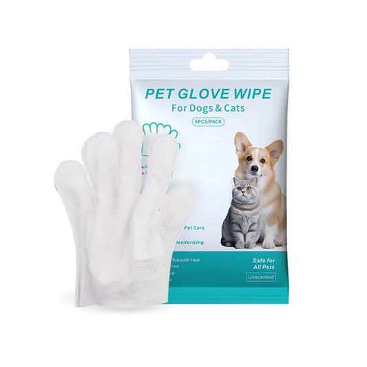 6-Pack Disposable Pet Cleaning Gloves - Wash-Free Bathing and Deodorizing Wipes for Cats and Dogs