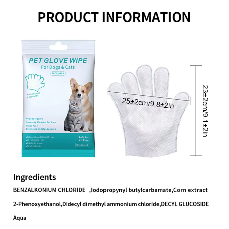 6-Pack Disposable Pet Cleaning Gloves - Wash-Free Bathing and Deodorizing Wipes for Cats and Dogs