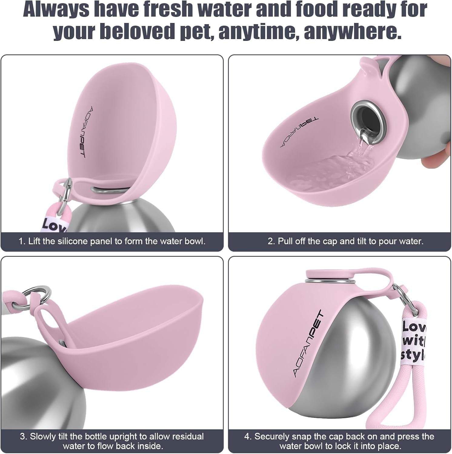 Stainless Steel Portable Dog Water Bottle with Bowl - 10oz No-Spill Travel Dispenser for Small Dogs - Ideal for Walking and Hiking