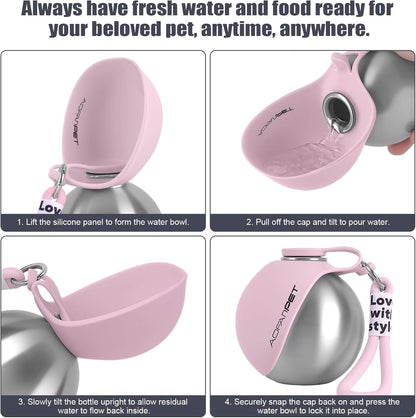 Stainless Steel Portable Dog Water Bottle with Bowl - 10oz No-Spill Travel Dispenser for Small Dogs - Ideal for Walking and Hiking