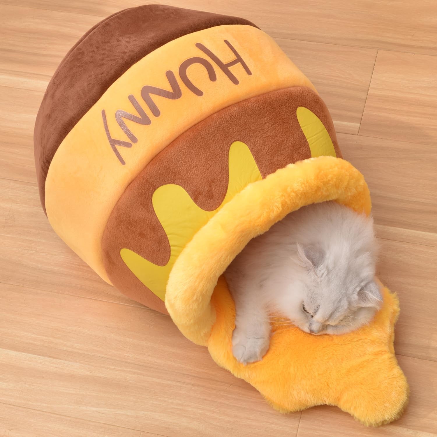 Honey Pot Cat Cave Bed - Plush Rebound Sponge Pet Nest with Removable and Washable Cushion, Adorable Cartoon Design for Small Cats and Breeds