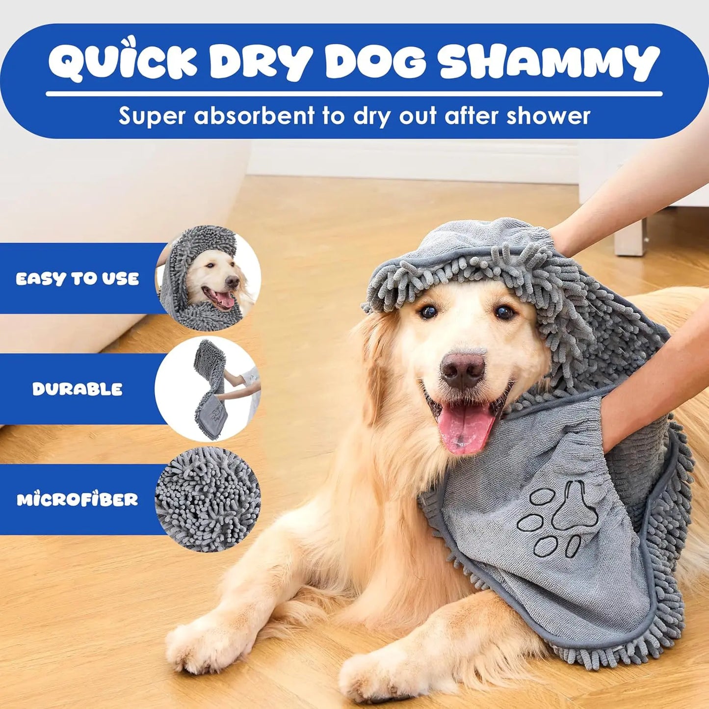 Microfiber Quick-Drying Absorbent Dog Towel with Hand Pockets - Machine Washable for Medium to Large Dogs (30" x 13")