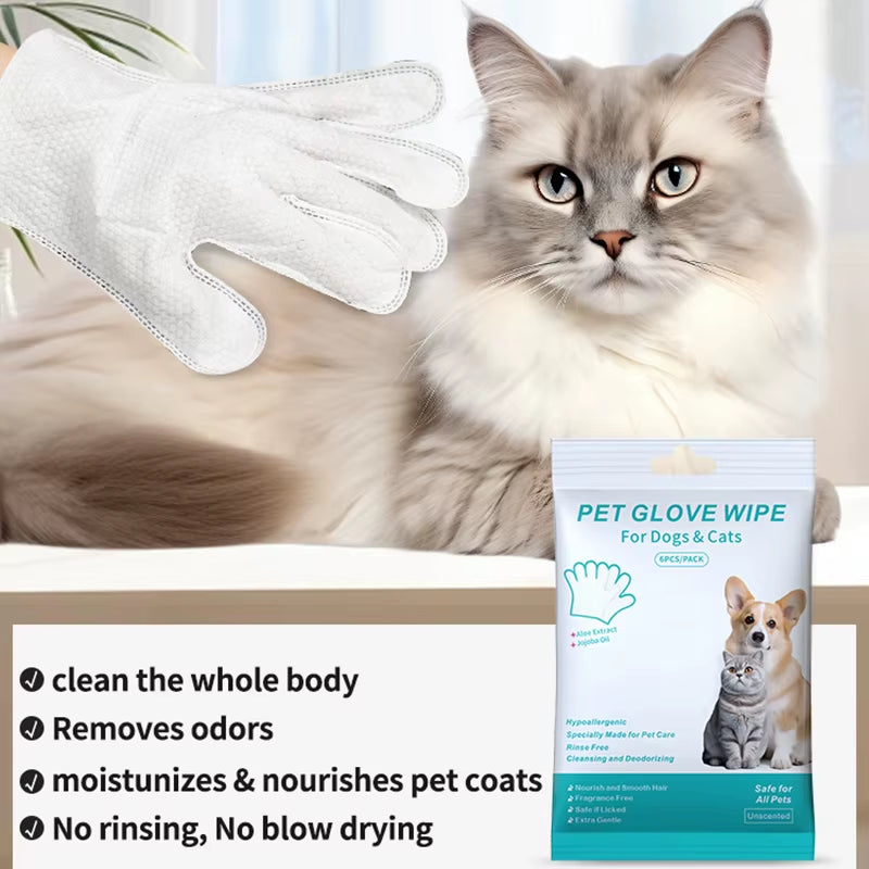 6-Pack Disposable Pet Cleaning Gloves - Wash-Free Bathing and Deodorizing Wipes for Cats and Dogs