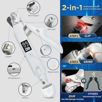 2-In-1 Dog & Cat Nail Clipper and Grinder with LED Light, Low-Noise Electric Pet Nail Trimmer, Safety Lock & Nail Catcher, USB-C Rechargeable, 3 Grinding Ports for Cats & Small to Medium Dogs Grooming Product