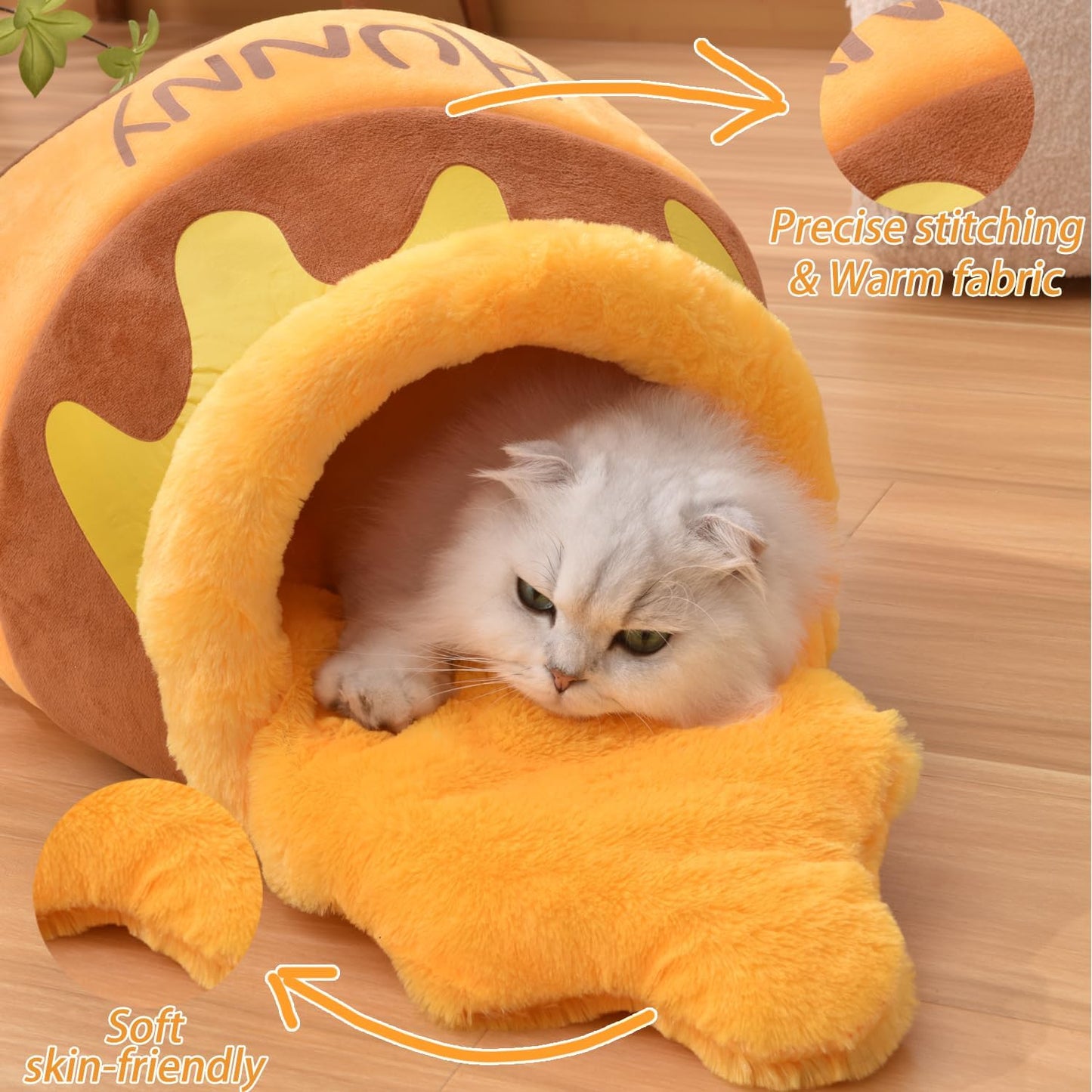 Honey Pot Cat Cave Bed - Plush Rebound Sponge Pet Nest with Removable and Washable Cushion, Adorable Cartoon Design for Small Cats and Breeds