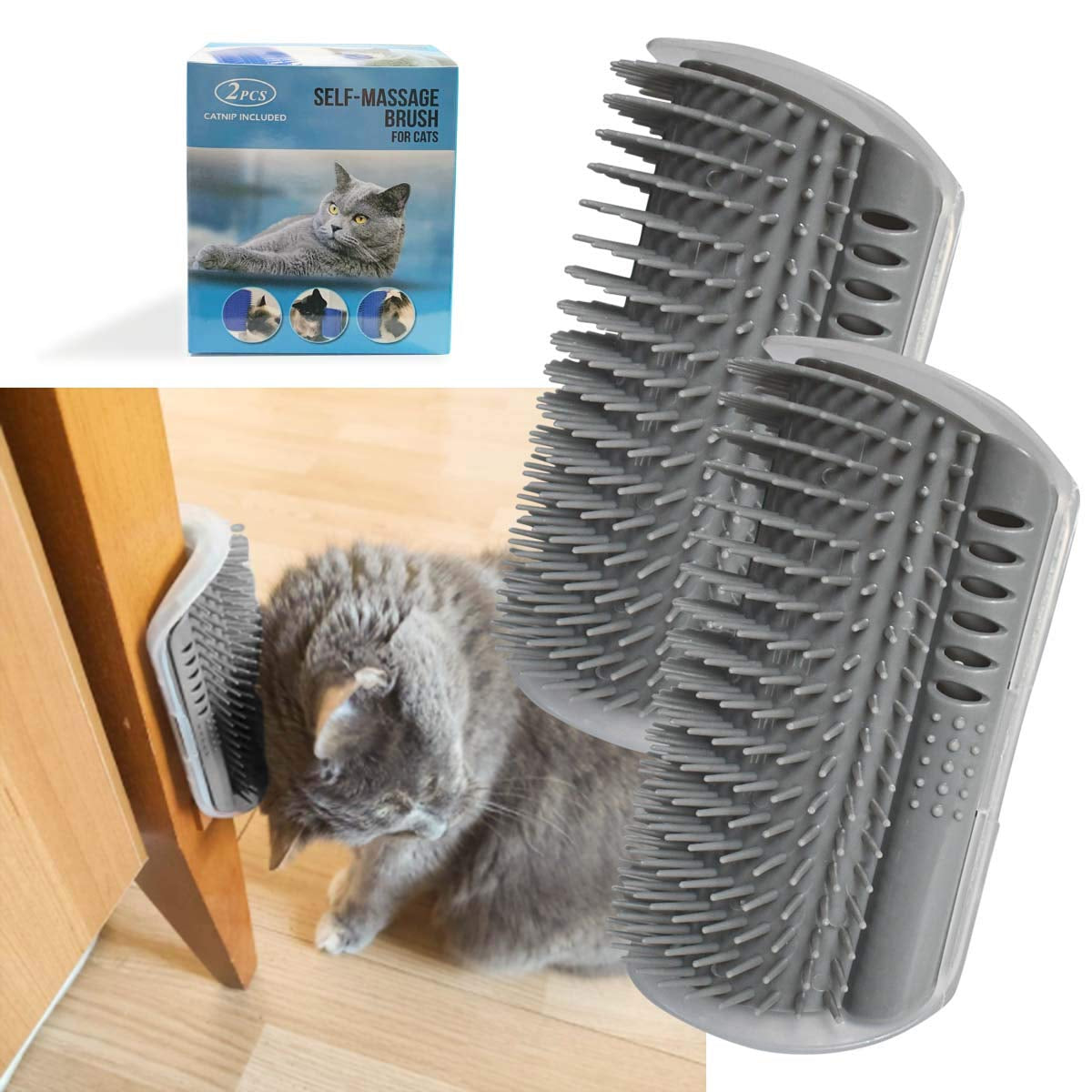 Softer Self-Grooming Tool Set with Catnip Wall Corner Massage Comb and Scratcher for Long and Short Fur Cats and Dogs (Gray) - 2 Pack