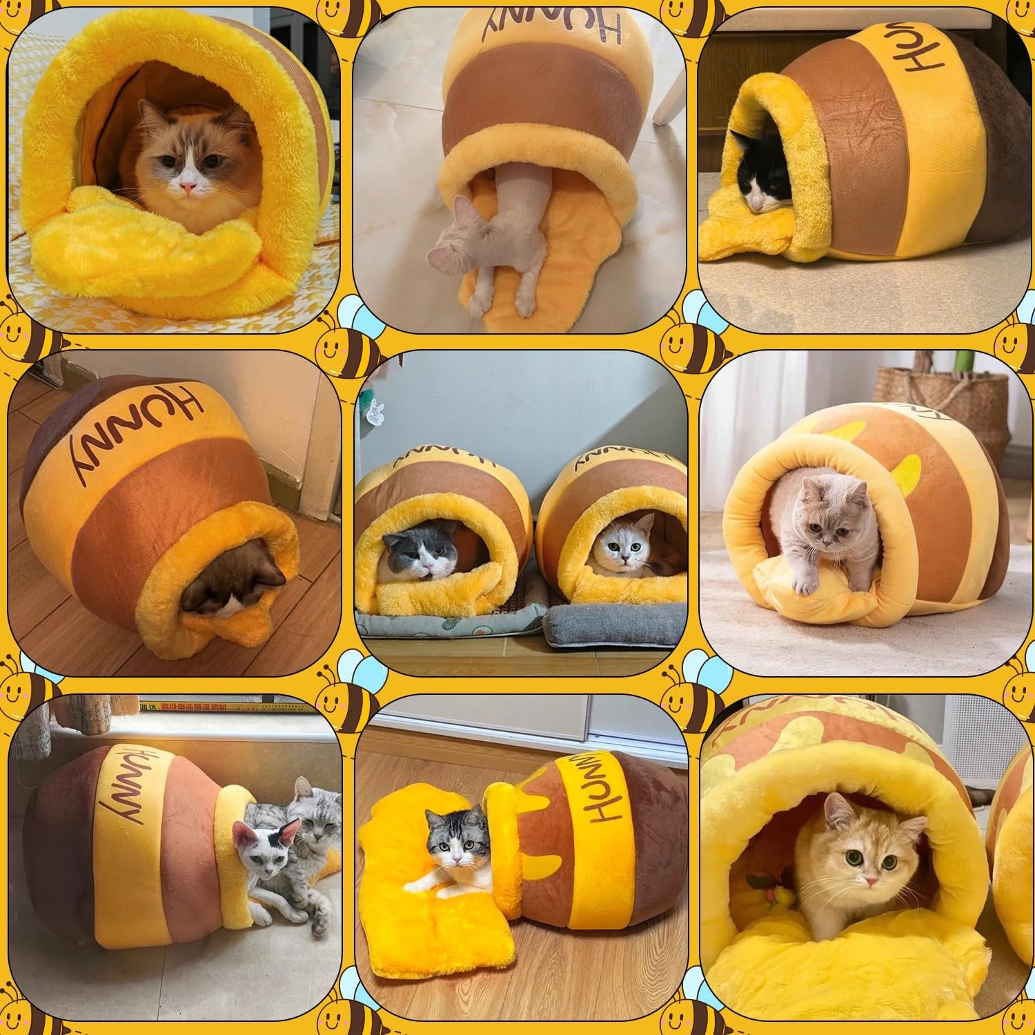 Honey Pot Cat Cave Bed - Plush Rebound Sponge Pet Nest with Removable and Washable Cushion, Adorable Cartoon Design for Small Cats and Breeds